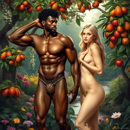 A stunning scene of Adam and Eve in the Garden of Eden, depicted in a lush, vibrant environment filled with green trees, colorful flowers, and a serene atmosphere