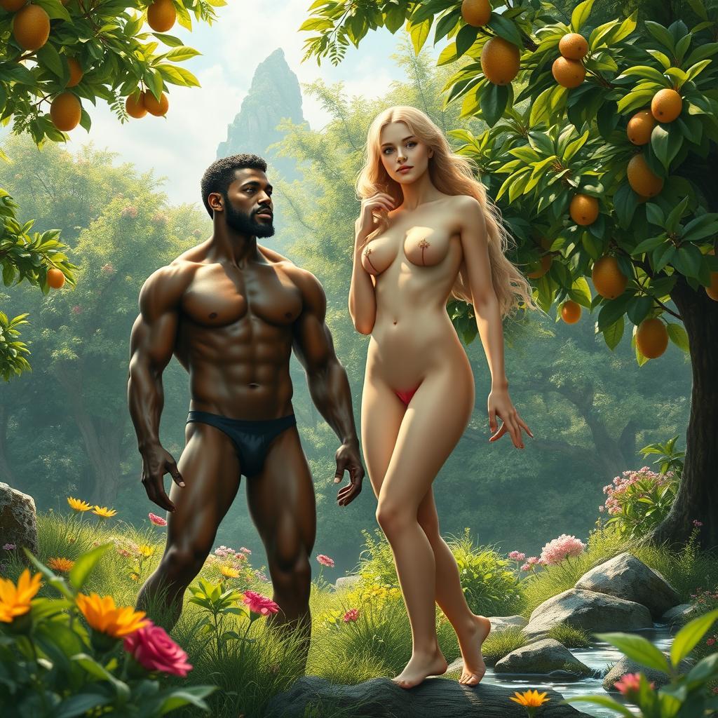 A stunning scene of Adam and Eve in the Garden of Eden, depicted in a lush, vibrant environment filled with green trees, colorful flowers, and a serene atmosphere