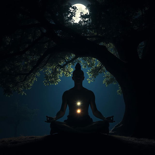 A tantra practitioner meditating deeply under the shade of a large tree at night