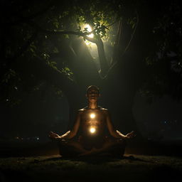 A tantra practitioner meditating deeply under the shade of a large tree at night