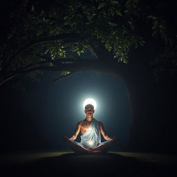 A tantra practitioner meditating deeply under the shade of a large tree at night