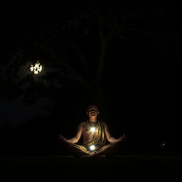 A tantra practitioner meditating deeply under the shade of a large tree at night