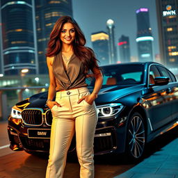 A stunning full body portrait of a glamorous woman resembling a Bollywood actress, inspired by the style of Katrina Kaif, standing confidently next to a luxurious BMW