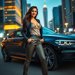 A stunning full body portrait of a glamorous woman resembling a Bollywood actress, inspired by the style of Katrina Kaif, standing confidently next to a luxurious BMW