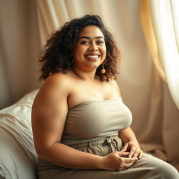 A confident and curvy woman with an exuberantly joyful expression, showcasing her natural beauty and embracing body positivity