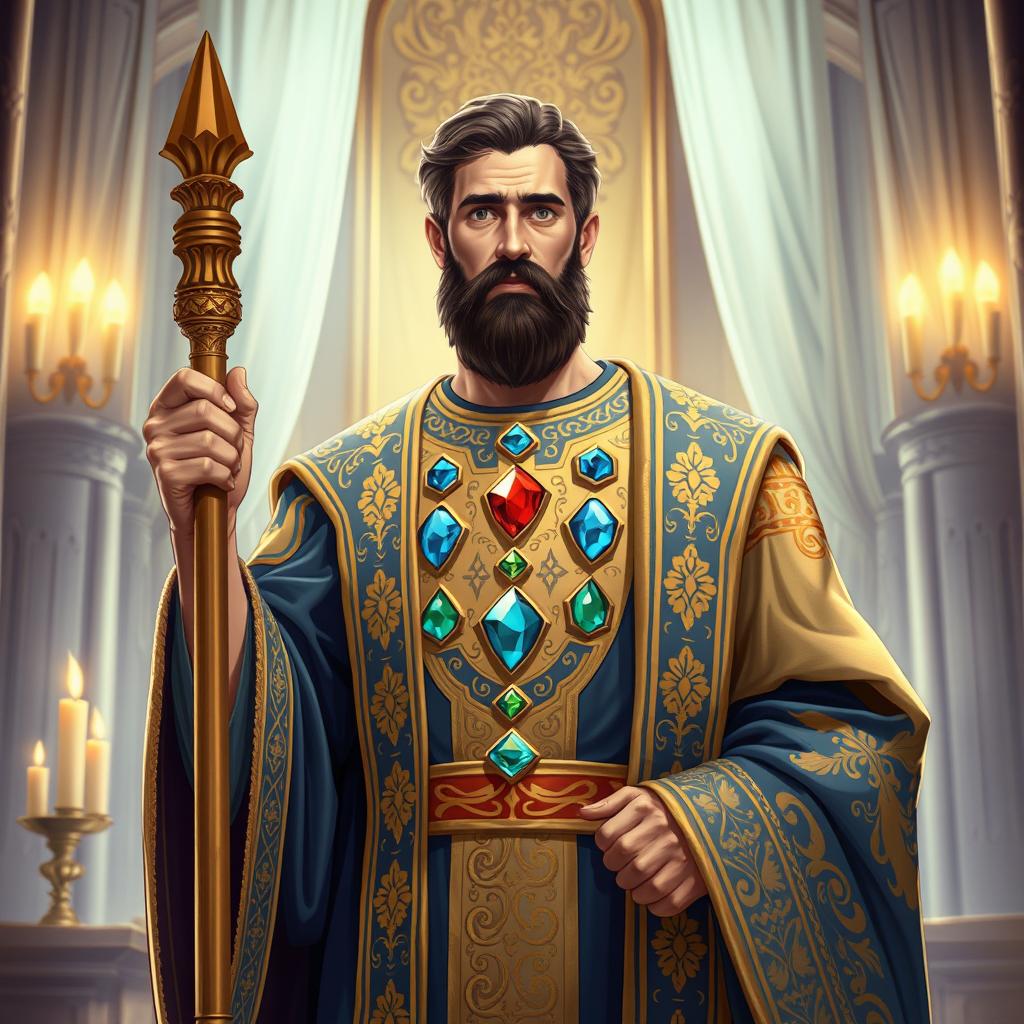 An illustration of a biblical high priest, dressed in ornate ceremonial robes that are richly embroidered with gold and blue threads