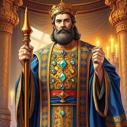 An illustration of a biblical high priest, dressed in ornate ceremonial robes that are richly embroidered with gold and blue threads