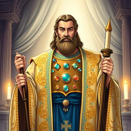 An illustration of a biblical high priest, dressed in ornate ceremonial robes that are richly embroidered with gold and blue threads