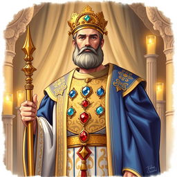 An illustration of a biblical high priest, dressed in ornate ceremonial robes that are richly embroidered with gold and blue threads