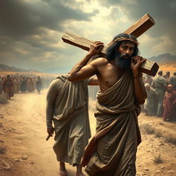 A dramatic and emotional scene of Simon of Cyrene, a black man, helping Jesus to carry the cross on the path to Calvary