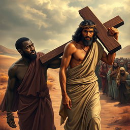 A dramatic and emotional scene of Simon of Cyrene, a black man, helping Jesus to carry the cross on the path to Calvary