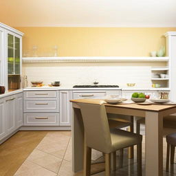 Show an example of a beautifully designed and furnished kitchen interior.