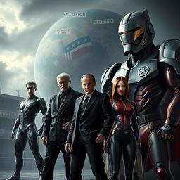 In a dramatic and dark alternate universe where the Cold War never ended, visualize a tense and politically charged scene featuring a futuristic and dystopian version of the Marvel Universe