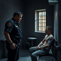 A dramatic scene inside a prison where a tough, determined police officer is interacting with an inmate, showcasing a tense yet respectful moment