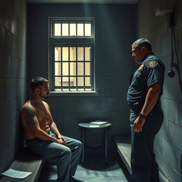 A dramatic scene inside a prison where a tough, determined police officer is interacting with an inmate, showcasing a tense yet respectful moment