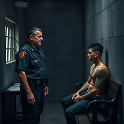 A dramatic scene inside a prison where a tough, determined police officer is interacting with an inmate, showcasing a tense yet respectful moment