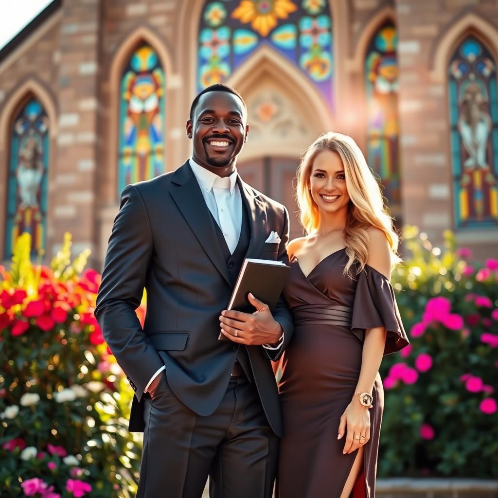 A black pastor, dressed in a stylish and elegant suit, standing proudly in front of a beautiful church