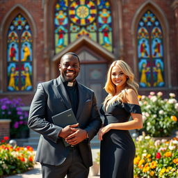 A black pastor, dressed in a stylish and elegant suit, standing proudly in front of a beautiful church