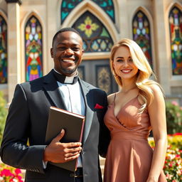 A black pastor, dressed in a stylish and elegant suit, standing proudly in front of a beautiful church