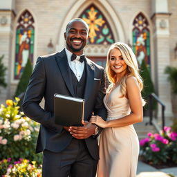 A black pastor, dressed in a stylish and elegant suit, standing proudly in front of a beautiful church