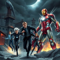 In an intense alternate universe where the Cold War never ended, illustrate a gripping showdown between iconic Marvel heroes and a legendary adversary