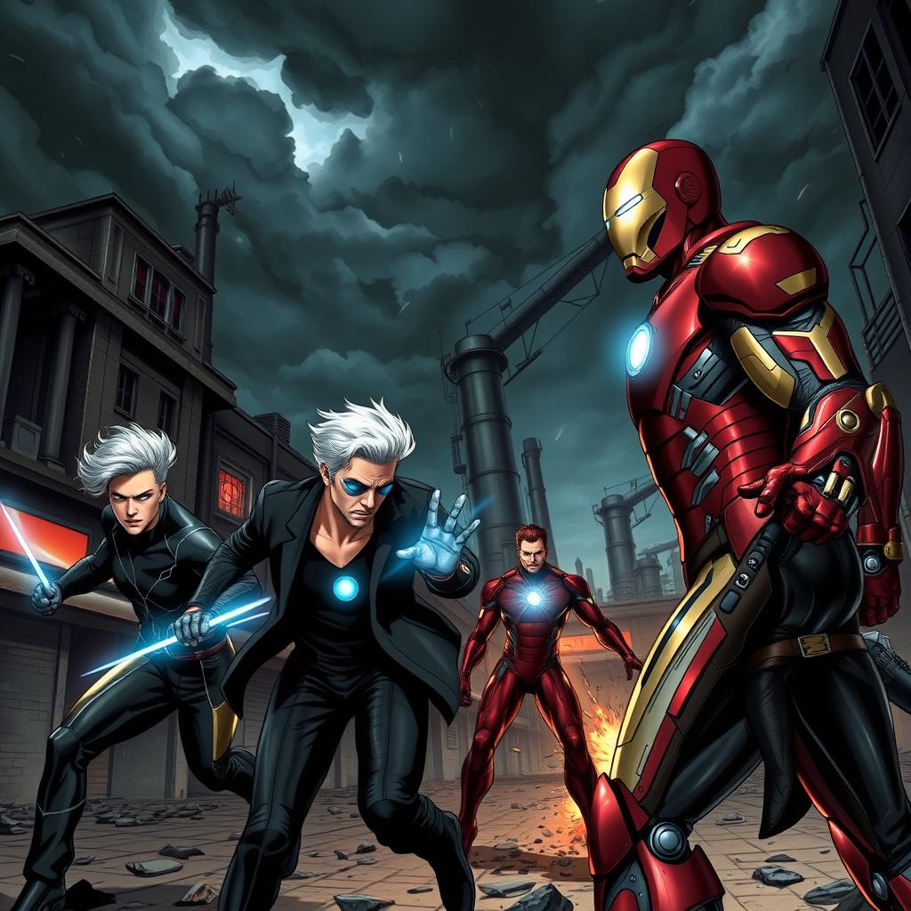 In an intense alternate universe where the Cold War never ended, illustrate a gripping showdown between iconic Marvel heroes and a legendary adversary