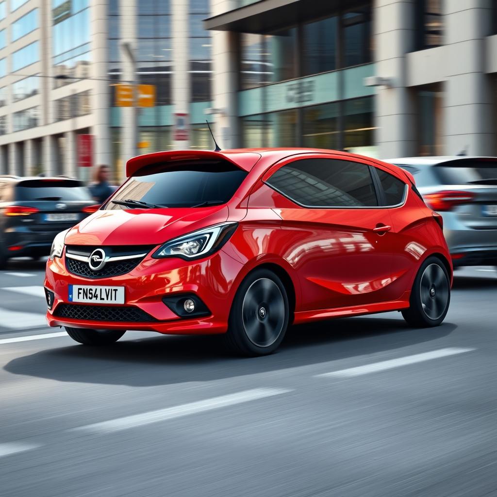 A dynamic and sporty view of a bright red Opel Corsa A GSI, showcasing its classic and powerful design