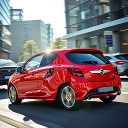 A dynamic and sporty view of a bright red Opel Corsa A GSI, showcasing its classic and powerful design