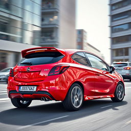 A dynamic and sporty view of a bright red Opel Corsa A GSI, showcasing its classic and powerful design