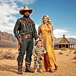 A strong black cowboy from the Wild West, dressed in classic cowboy attire, complete with a wide-brimmed hat, boots, and a leather vest