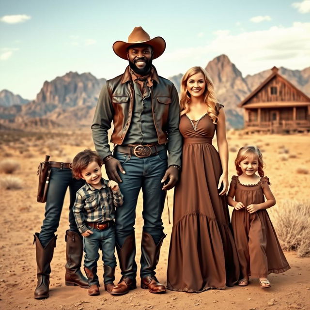 A strong black cowboy from the Wild West, dressed in classic cowboy attire, complete with a wide-brimmed hat, boots, and a leather vest