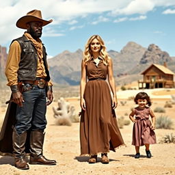 A strong black cowboy from the Wild West, dressed in classic cowboy attire, complete with a wide-brimmed hat, boots, and a leather vest