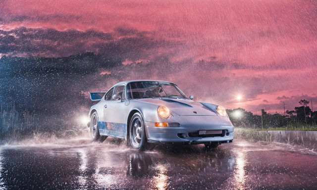 32k HD editorial photograph of a light blue Porsche 911 driving through pouring rain against a pastel pink backdrop.