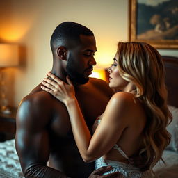 A sensual scene of an intimate moment between an attractive Black man and a beautiful blonde woman, in an elegant bedroom setting, soft warm lighting creating a comfortable atmosphere