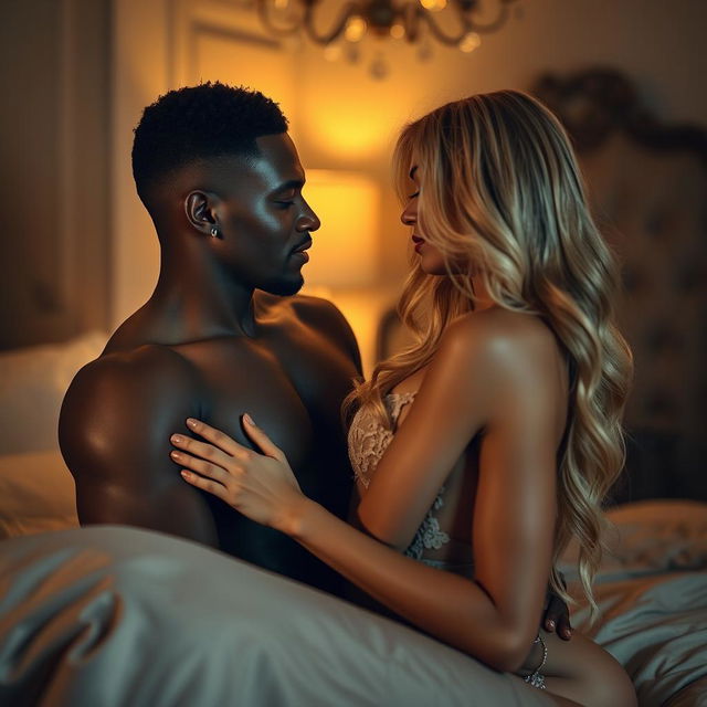 A sensual scene of an intimate moment between an attractive Black man and a beautiful blonde woman, in an elegant bedroom setting, soft warm lighting creating a comfortable atmosphere