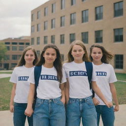 Five grade 9 students hanging out with their backs to the viewer, a high school building in the background. The image is from a first-person perspective. The title 'H-School' appears prominently.