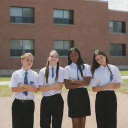 Five grade 9 students hanging out with their backs to the viewer, a high school building in the background. The image is from a first-person perspective. The title 'H-School' appears prominently.