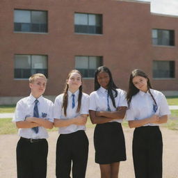 Five grade 9 students hanging out with their backs to the viewer, a high school building in the background. The image is from a first-person perspective. The title 'H-School' appears prominently.