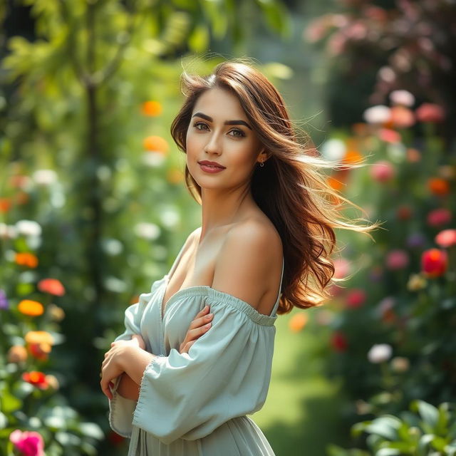 A full-body portrait of a confident and elegant woman posing in a serene natural setting, showcasing her grace and beauty