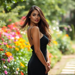 A full-body portrait of a confident and elegant woman posing in a serene natural setting, showcasing her grace and beauty