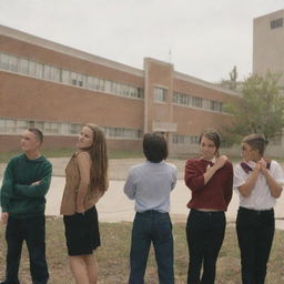 Five grade 9 students hanging out with their backs to the viewer, a high school building in the background. The image is from a first-person perspective. The title 'H-School' appears prominently.