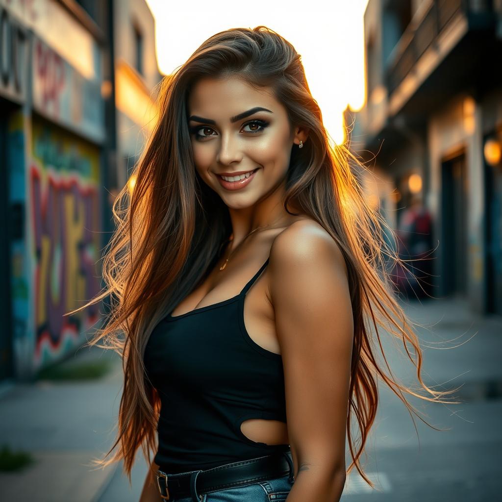 A stunning young woman with captivating features, long flowing hair, and a confident smile