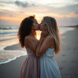 A tender moment captured between two girls sharing a kiss, set against a beautiful sunset backdrop on a sandy beach