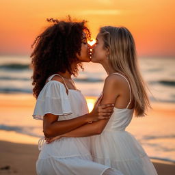 A tender moment captured between two girls sharing a kiss, set against a beautiful sunset backdrop on a sandy beach