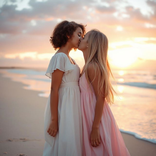 A tender moment captured between two girls sharing a kiss, set against a beautiful sunset backdrop on a sandy beach