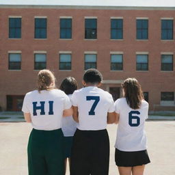 Five grade 9 students hanging out with their backs to the viewer, a high school building in the background. The image is from a first-person perspective. The title 'H-School' appears prominently.