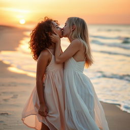 A tender moment captured between two girls sharing a kiss, set against a beautiful sunset backdrop on a sandy beach