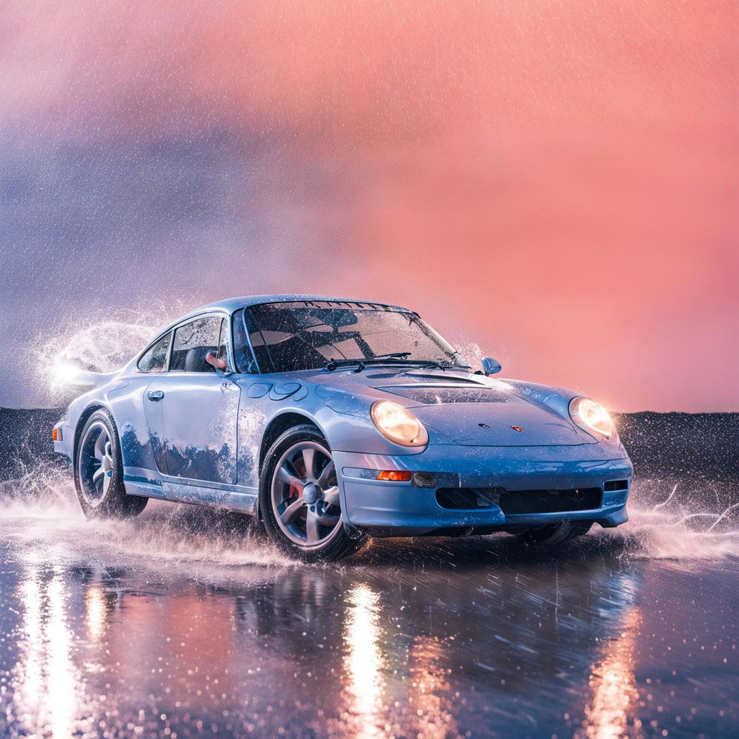 32k HD editorial photograph of a light blue Porsche 911 driving through pouring rain against a pink pastel backdrop.