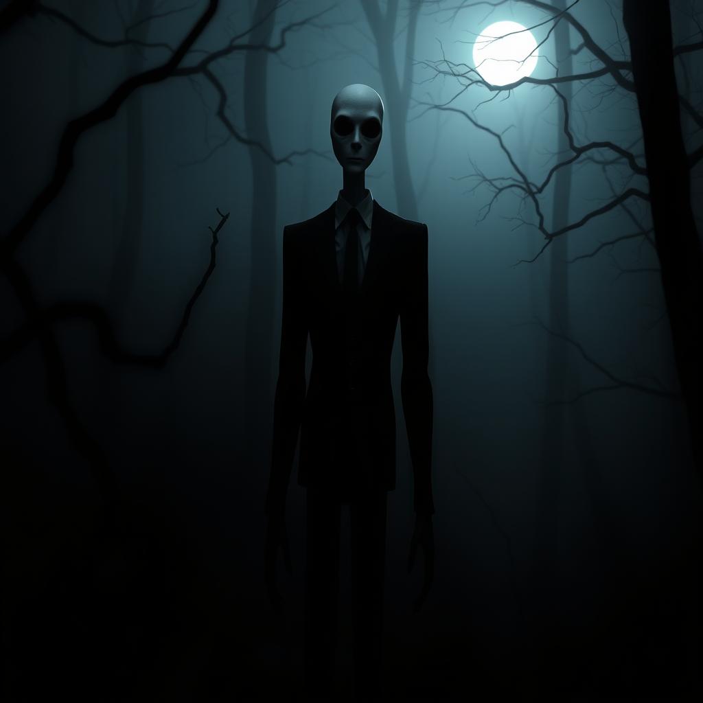 A tall, slender figure representing Slenderman, characterized by an elongated body and limbs, wearing a formal black suit and a white shirt, with a smooth, featureless white face and no visible eyes