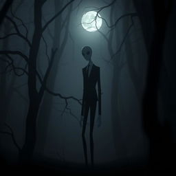 A tall, slender figure representing Slenderman, characterized by an elongated body and limbs, wearing a formal black suit and a white shirt, with a smooth, featureless white face and no visible eyes